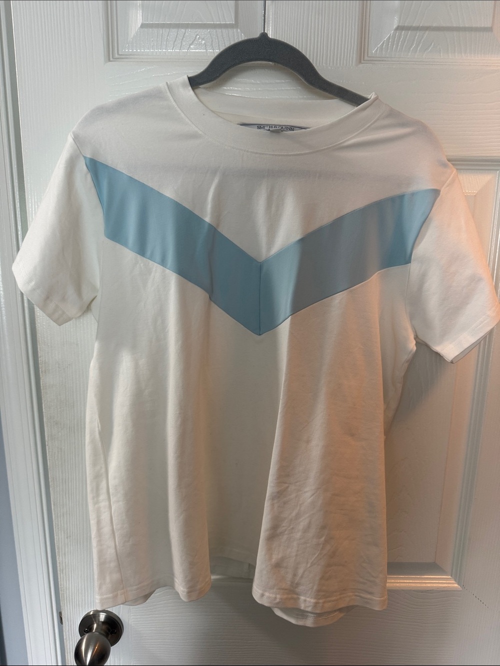 White Short-Sleeve Tee with Light Blue Chevron Detail